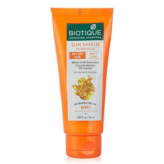 Biotique Sun Shield Micro Gold sunscreen tube on a white background