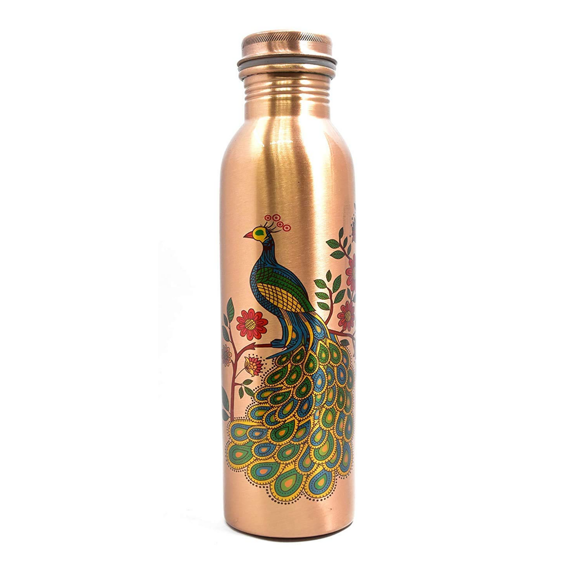 Copper water bottle with peacock design on a white background
