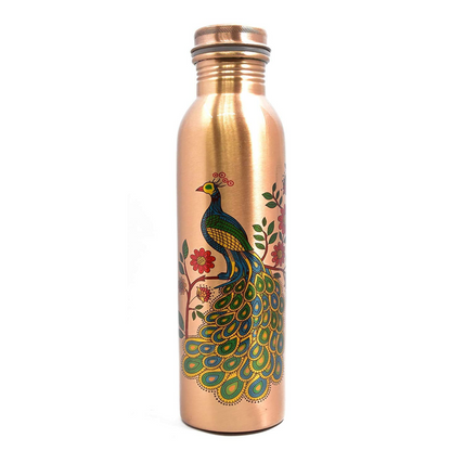 Copper water bottle with peacock design on a white background