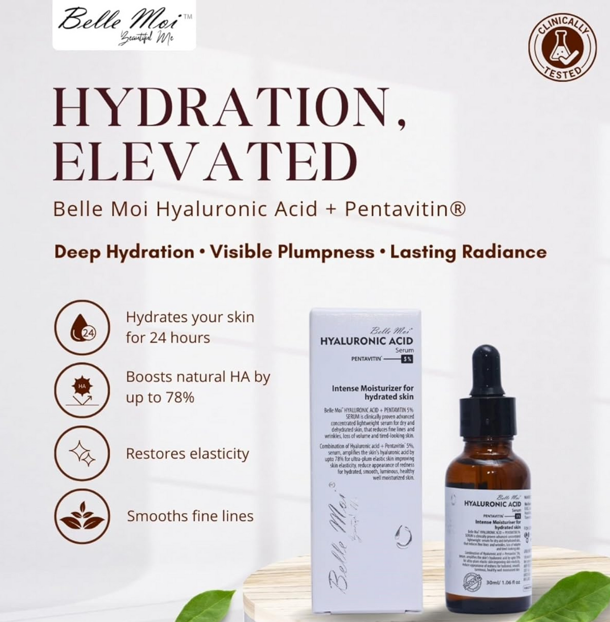 Belle Moi skincare product with dropper and packaging on a light background