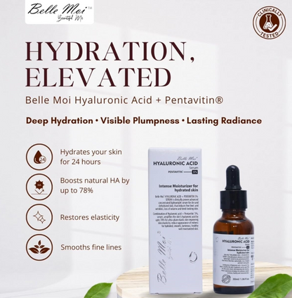 Belle Moi skincare product with dropper and packaging on a light background