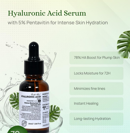 Hyaluronic Acid Serum bottle with dropper on a green background