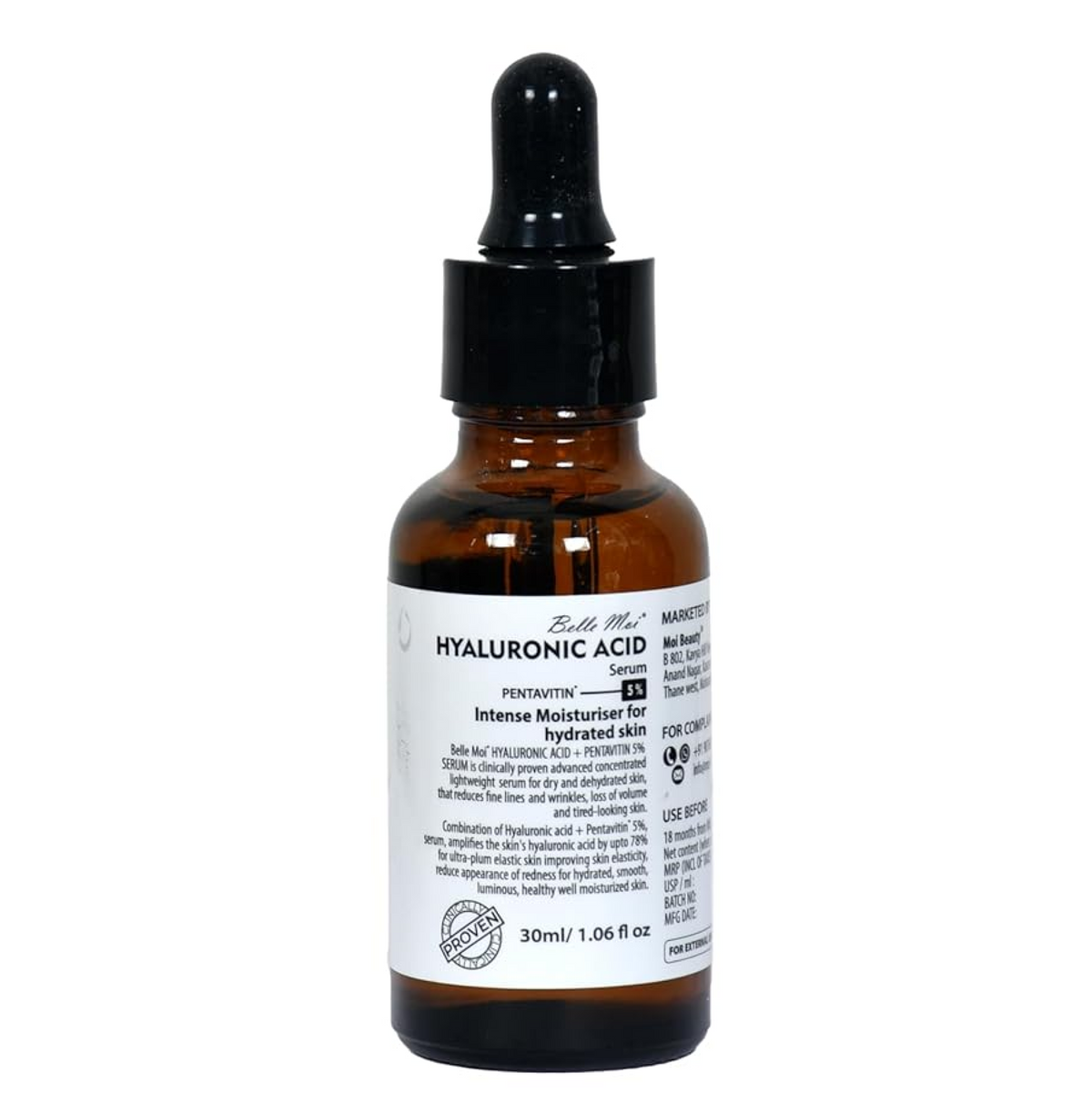 Brown glass bottle with dropper labeled 'Hyaluronic Acid' on a white background
