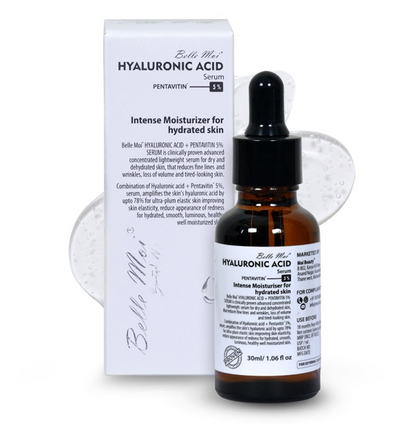 Bottle and packaging of Belle Mea Hyaluronic Acid Serum on a white background