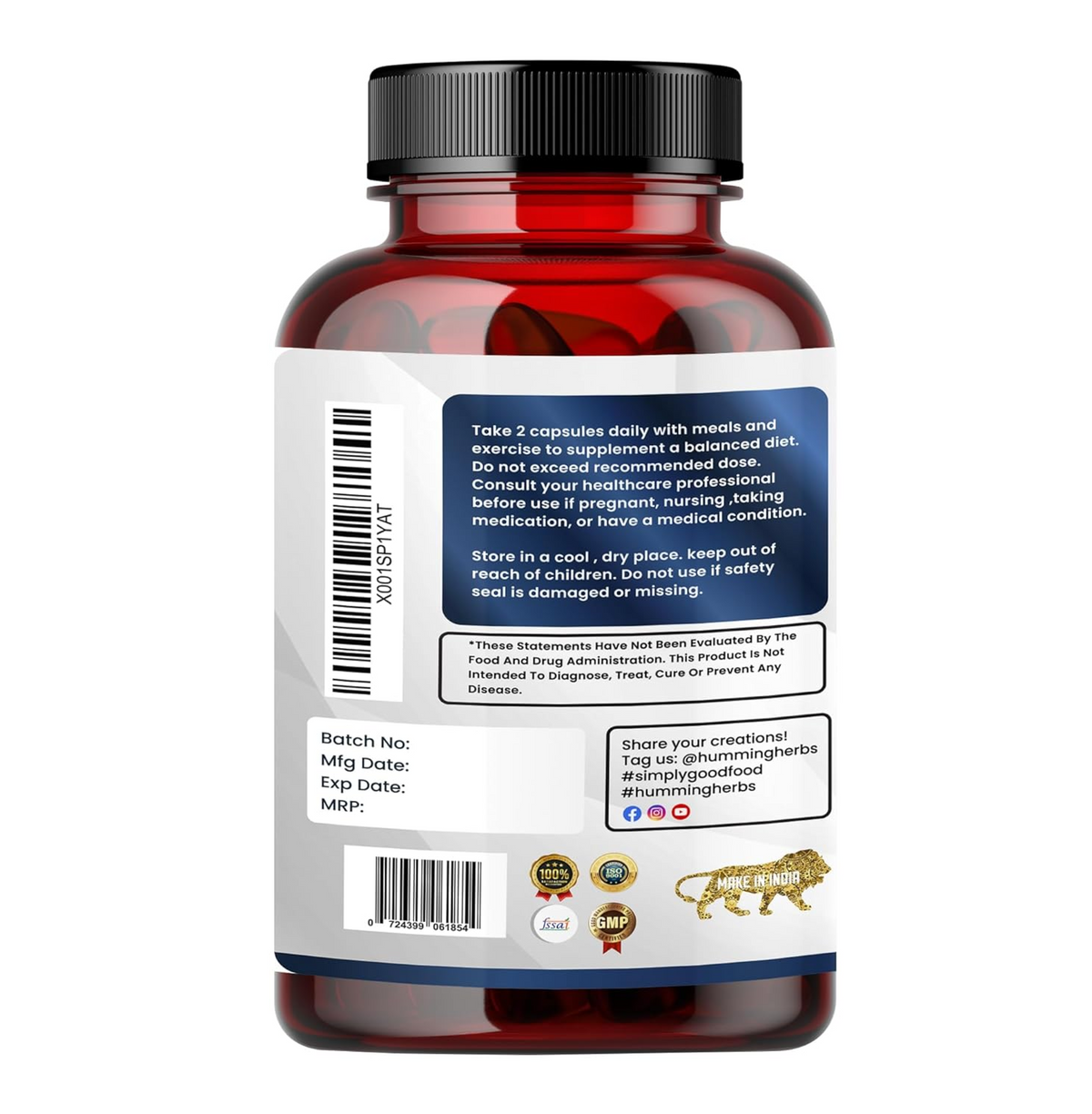 Bottle of supplements with a label on a white background