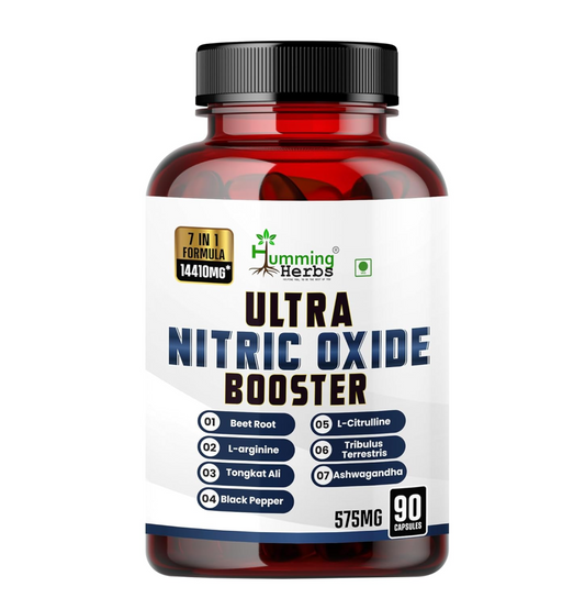 Bottle of Ultra Nitric Oxide Booster supplement with Humming Herbs branding on a white background
