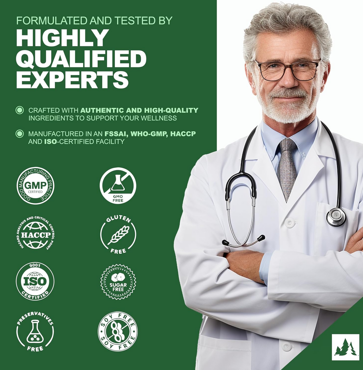 Doctor in a white coat with a green background and certification logos on a promotional graphic.