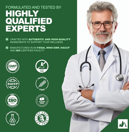 Doctor in a white coat with a green background and certification logos on a promotional graphic.