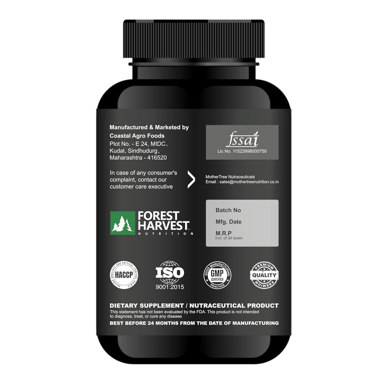 Black supplement bottle with Forest Harvest Nutrition branding on a white background