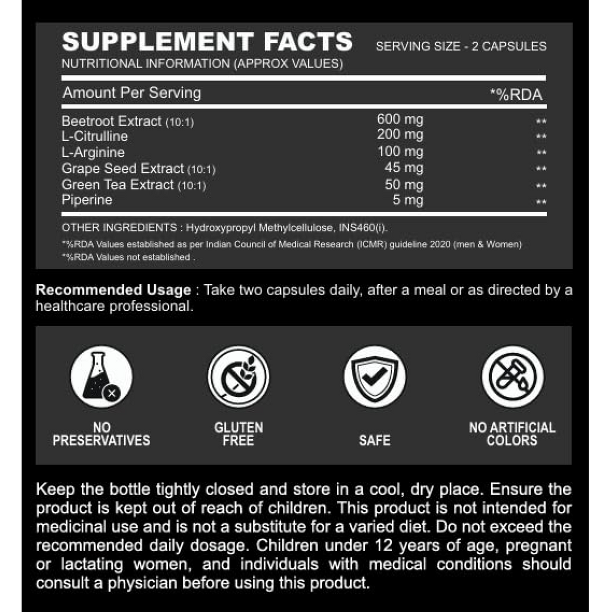 Supplement facts label with nutritional information and usage instructions on a black background