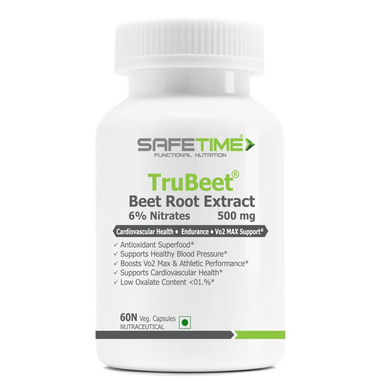 White supplement bottle labeled 'TruBeet' with green text on a white background