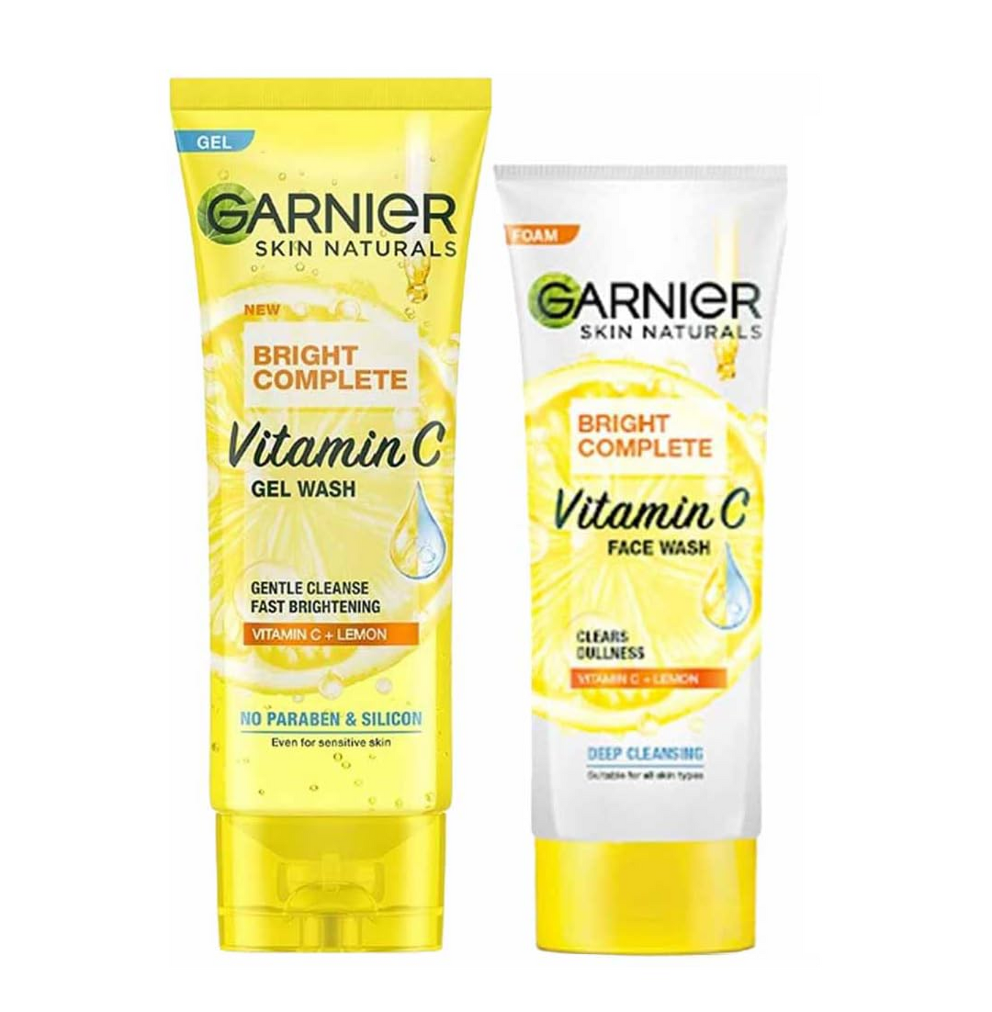 Two Garnier Skin Naturals Vitamin C face wash products on a white background