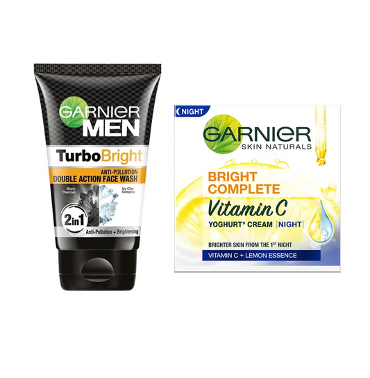 Garnier Men, Face Wash, Brightening & Anti-Pollution, TurboBright Double Action, 100 g (SYMDF100) & Garnier Bright Complete VITAMIN C YOGHURT Night Cream, 40g