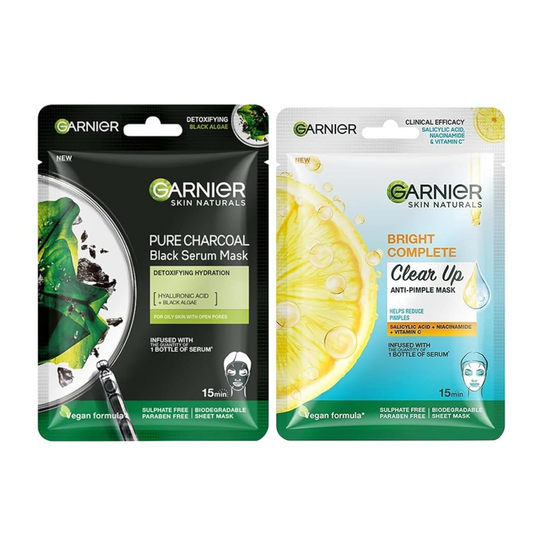 Garnier Bright Complete Anti Pimple Sheet Mask & Garnier Skin Naturals, Face Mask, Hydrating & Detoxifying, Black Serum Mask Pure Charcoal, 1 pc, 28gg