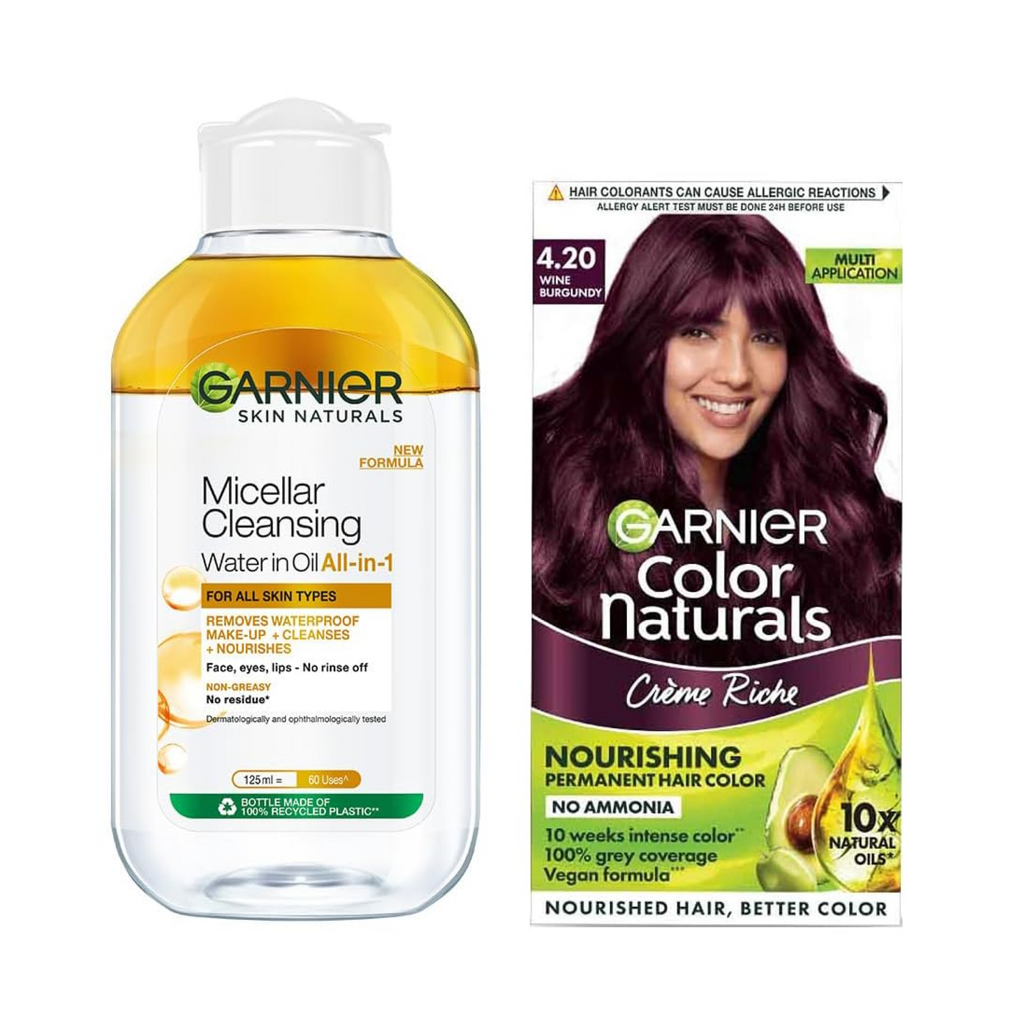 Garnier micellar water bottle and hair color packaging on a white background