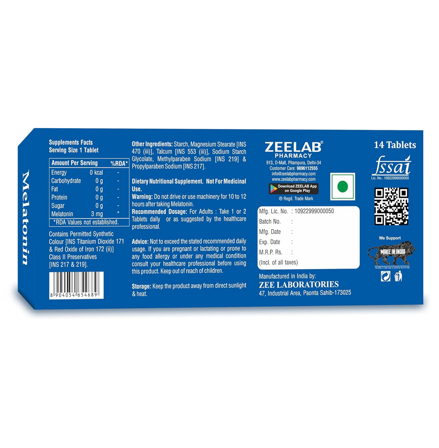 Blue Zeelab pharmacy supplement box with nutritional information on a white background