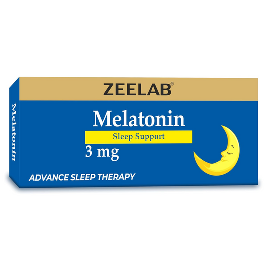 Zeelab Melatonin sleep support packaging with a blue and gold design.