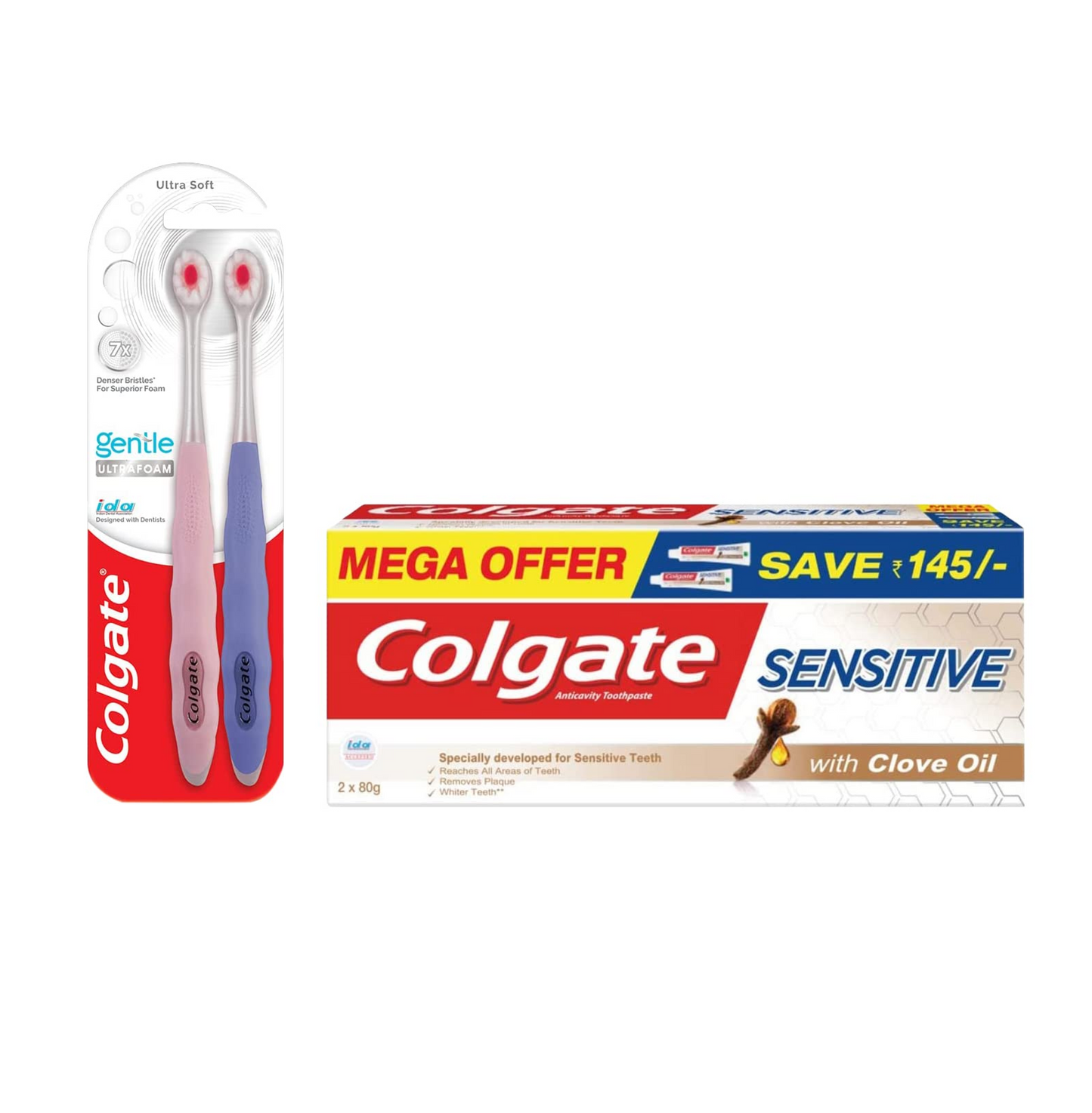 Colgate Gentle Ultrafoam Ultra Soft Bristles Manual Toothbrush For Adults, 2 Pcs, Multicolor & Sensitive Toothpaste With Clove Oil, For Sensitivity Relief, 160G,