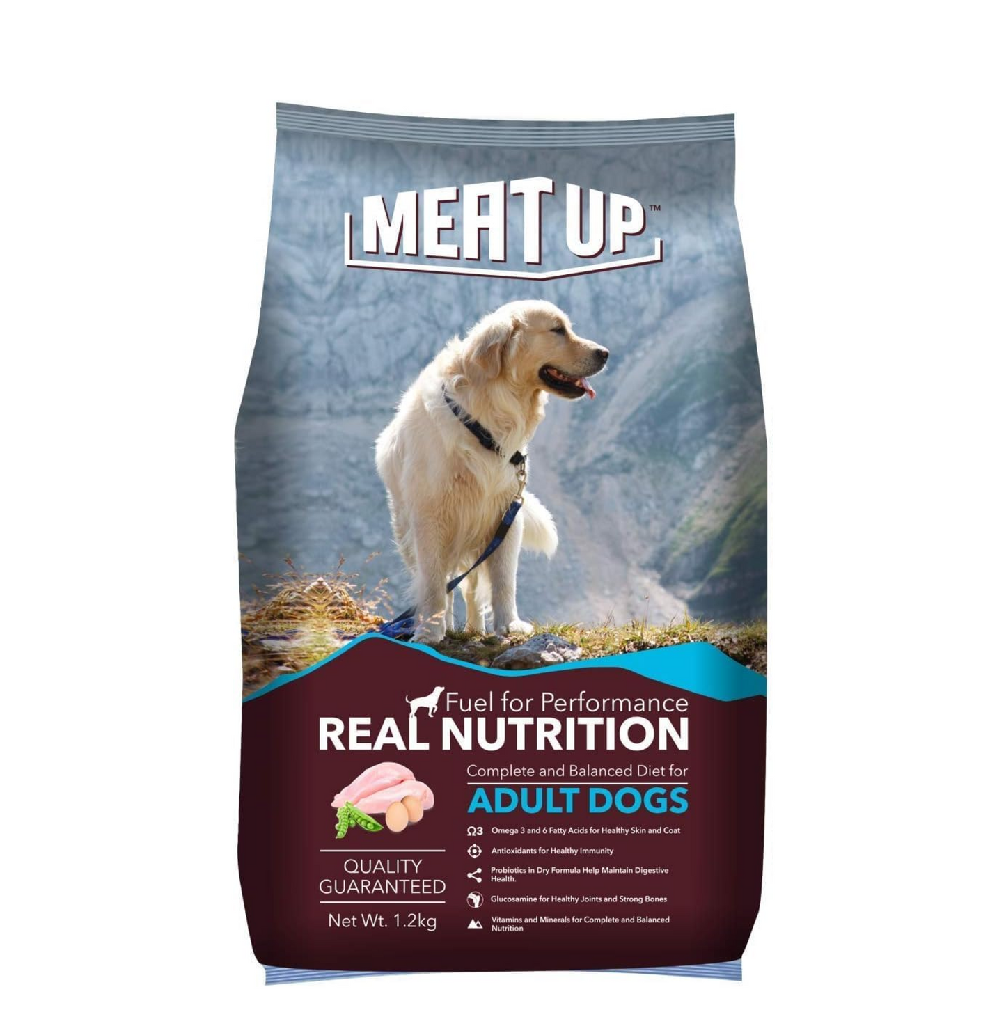 Meat Up Adult Dry Dog Food 1.2kg | Chicken Flavour | Healthy Skin & Coat | Antioxidants | Enriched with Vitamins & Minerals