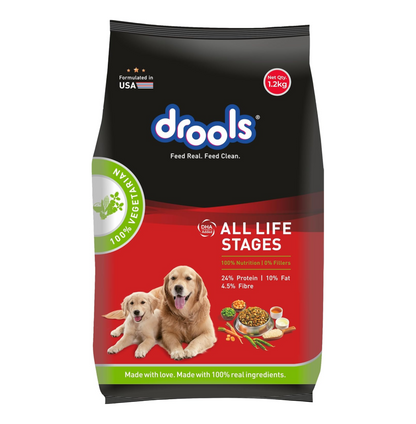 Drools Adult & Puppy Dry Dog Food 1.2 kg Pack | 100% Vegetable Flavour | All Lifestages | Better Digestibility | Strong Bone and Teeth Development | Boosted Immunity