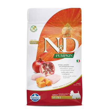 Farmina N&D Pumpkin Adult Mini Dog Food | Chicken, Pomegranate & Pumpkin | Rich in Anti-oxidants | Complete Food for Adult Dogs | 0.8kg | No Artificial Preservatives