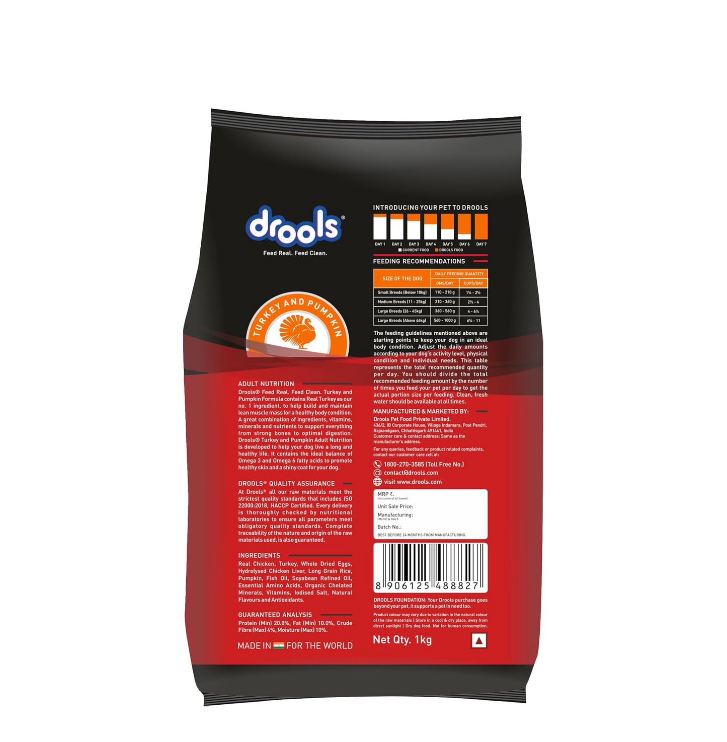 Drools Adult Dry Dog Food 1kg | Turkey and Pumpkin Flavour | Supports Skin Nourishment and Coat Radiance | Promotes Healthy Digestion | Natural Antioxidants | Strengthen Immunity