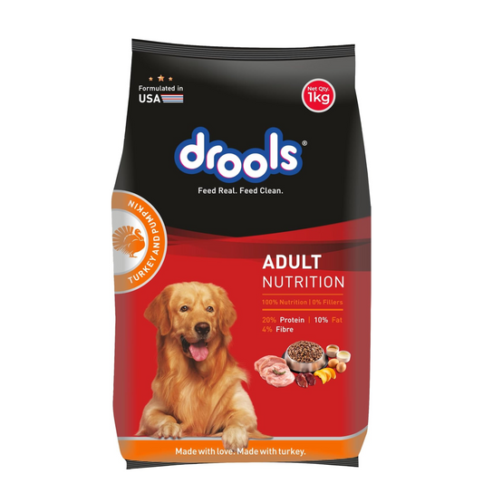 Drools Adult Dry Dog Food 1kg | Turkey and Pumpkin Flavour | Supports Skin Nourishment and Coat Radiance | Promotes Healthy Digestion | Natural Antioxidants | Strengthen Immunity