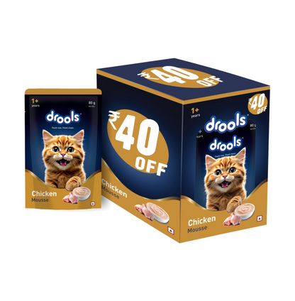Drools Adult Cat Wet Mousse 80g Pack of 5, 400g | Chicken Flavour | Rich in Protein | Promotes Hydration & Easy to Digest| No Artificial Flavours | Packed with Essential Vitamins & Antioxidants