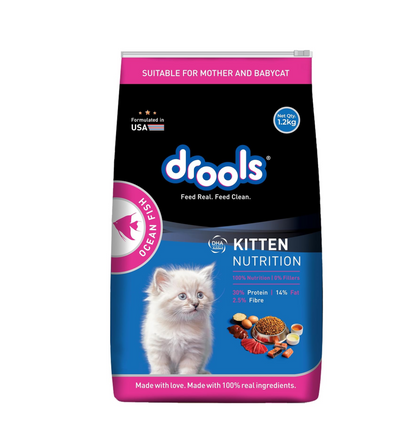Drools Kitten Dry Cat Food 1.2kg | Ocean Fish Flavour | Promotes Soft Skin & Shiny Coat | Complete Nutrition | Supports Digestion | Aids Growth Development