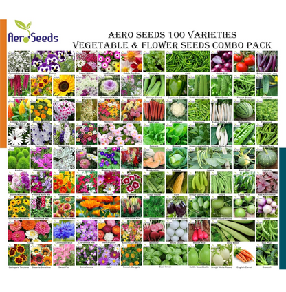 Aero Seeds 100 varieties (50 flower and 50 vegetable) seeds combo pack with instruction manual.