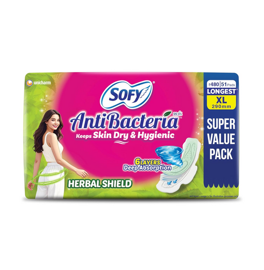 Sofy AntiBacteria XL - 290mm | 51 Count pads | For Women Sanitary Pads | Keep Skin Dry | 6 Layer Deep Absorption | Herbal Shield | Hygiene & Herbs | X-Large
