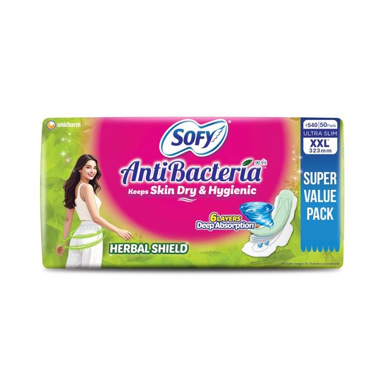 Sofy AntiBacteria XXL - 323mm | 50 Count pads | For Women Sanitary Pads | Keep Skin Dry | 6 Layer Deep Absorption | Herbal Shield | Hygiene & Herbs | X-Large