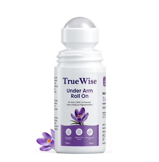 Truewise Underarm Roll On 50ml, 4% Aha Bha,2% Lactic Acid, 1% Mandelic Acid, 1% Salicylic Acid, Controls Odour & Reduces Pigmentation, 0% Aluminium & 0% Alcohol, Long Lasting Flora Fragrance