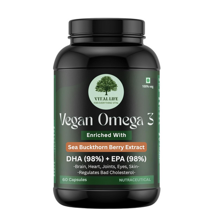 VITAL LIFE Vegan Omega 3 Vegetarian Capsules, 60 Caps | 98% DHA & EPA, Sea Buckthorn Berry, Algal DHA & Flaxseed Extract, Heart, Brain, Joint & Skin Health