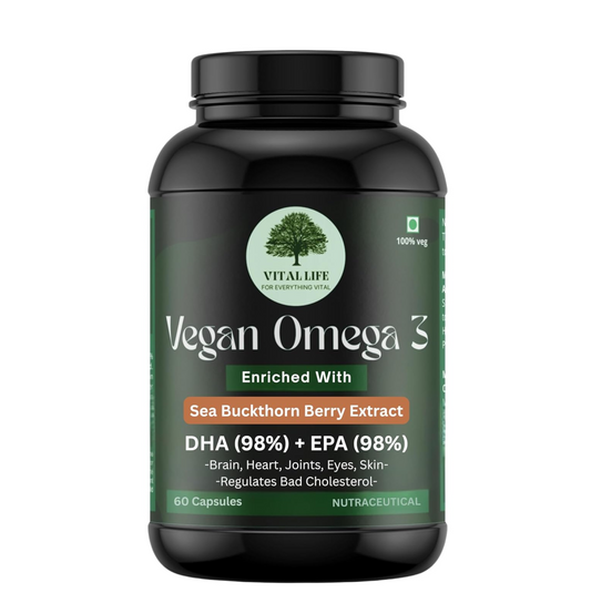 VITAL LIFE Vegan Omega 3 Vegetarian Capsules, 60 Caps | 98% DHA & EPA, Sea Buckthorn Berry, Algal DHA & Flaxseed Extract, Heart, Brain, Joint & Skin Health