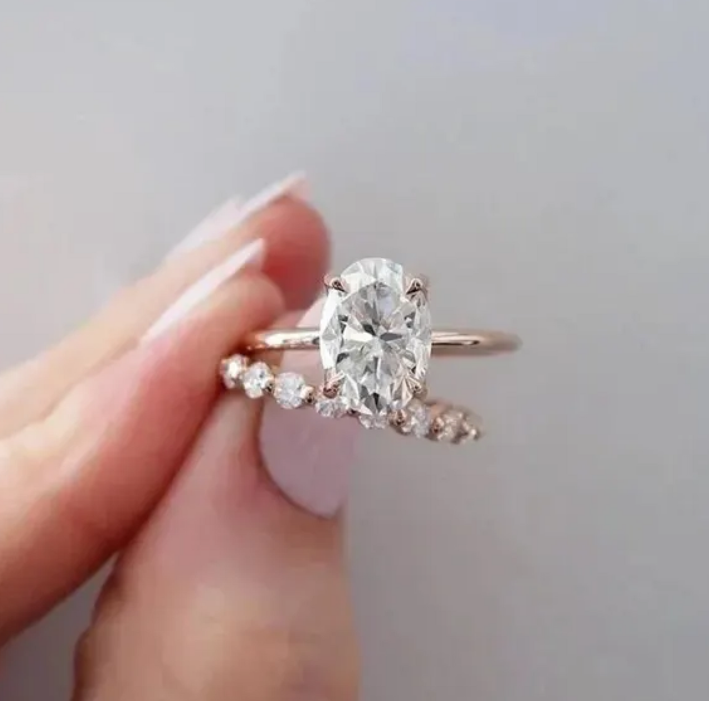 Oval Moissanite Engagement Ring Set: 925 Sterling Silver Bridal Set