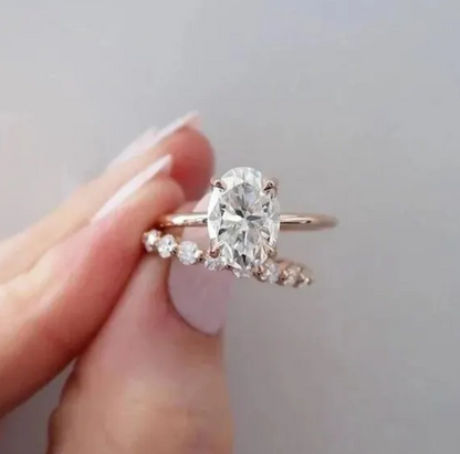 Oval Moissanite Engagement Ring Set: 925 Sterling Silver Bridal Set