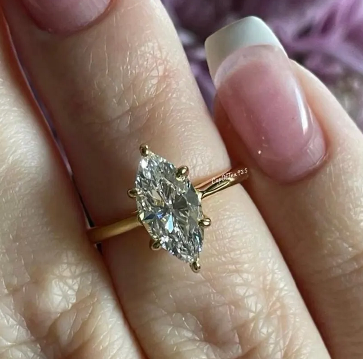 Marquise cut moissanite ring. Yellow gold vermeil, Sterling Silver 925 Marquise engagement ring with 2 carat CZ diamond or moissanite