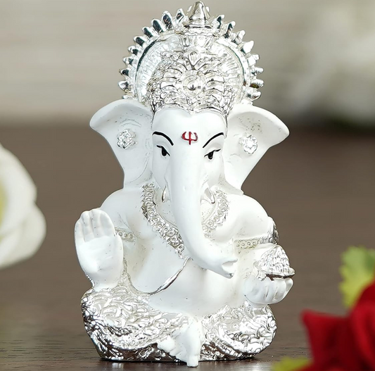 eCraftIndia Silver White Resin Lord Ganesha Idol for Home Decor Office Car Dashboard| Ganesha Statue for Puja Room| Ganpati Murti| God Statue Gift for Diwali Ganesh Chaturthi Housewarming Birthday