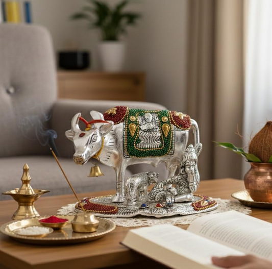 KridayKraft Kamdhenu Cow,Calf with Bal Gopal Krishna Metal Statue for Good Luck,Feng Shui As Table Top Figurine,Vastu,Religious Gau MATA Idol Home,Office&Table Decorative,Animal