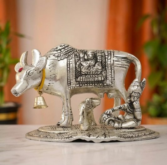 KridayKraft Kamdhenu Cow and Calf with Krishna Idol, Silver-Plated Decorative Showpiece for Home Decor and Gift, 14 x 11 cm X 10 cm, 350 g
