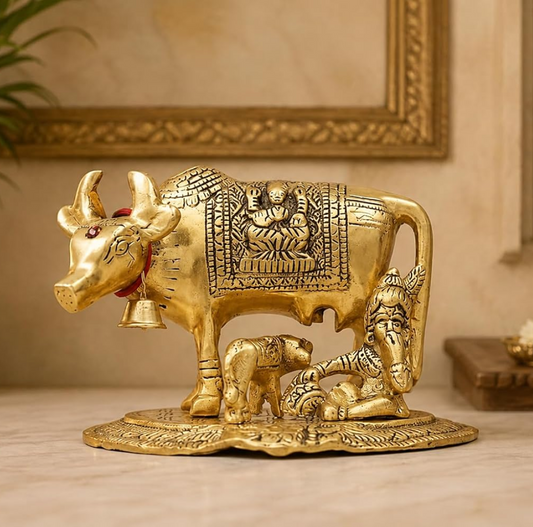KridayKraft Kamdhenu Cow with Calf & Bal Gopal Krishna Idol, 19 cm Metal Gau MATA Statue for Home Mandir, Pooja Room, Vastu & Religious Gifting, Antique Gold Finish, 910 g