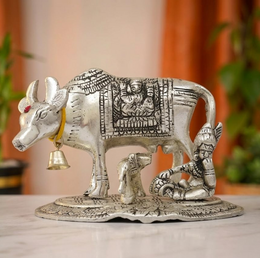 KridayKraft Kamdhenu Cow & Calf with Bal Gopal Krishna Metal Statue Vastu Idol for Good Luck, Wealth & Prosperity, Feng Shui Showpiece for Home, Office & Housewarming Gift (Silver)
