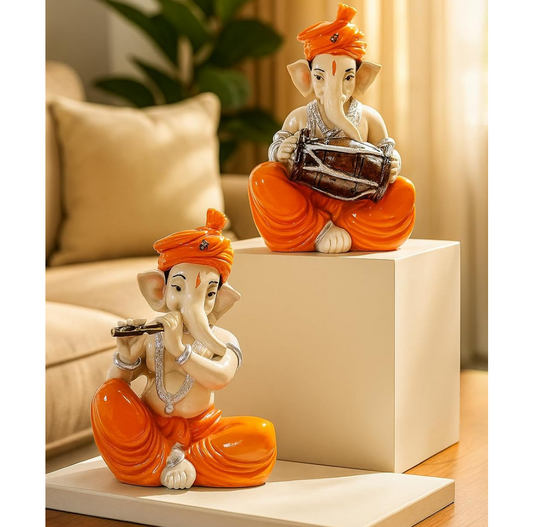Xtore Musical Ganesha Pair for Home Decor Handicraft Resin| Brings Prosperity - (Orange and White, Pack of 2)(Resin)