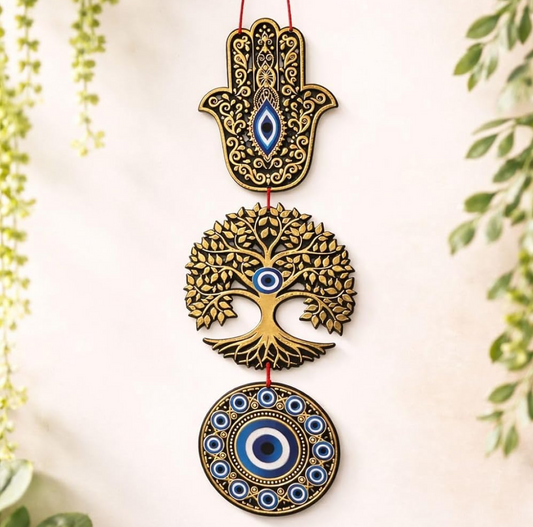 eCraftIndia Wooden Evil Eye Hamsa Hand Nazar Battu Wall Hanging for Home Office