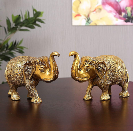 Kalakriti Metal Elephant Statue Small Size Gold Polish 2 pcs Set Enhance Your Home | Car | Office | Table | Article | Animal Decorative Showpiece Figurines for Best Gifting (15X9X4 CM), Golden