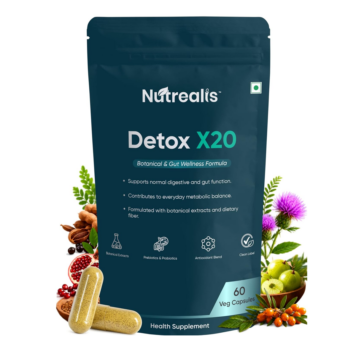 Liver Detox Supplement with Milk Thistle, Amla, Probiotics & Prebiotics (60 Veg Capsules) | Liver Gut & Lung Detox Support | Herbal Liver Cleanse Capsules for Men & Women