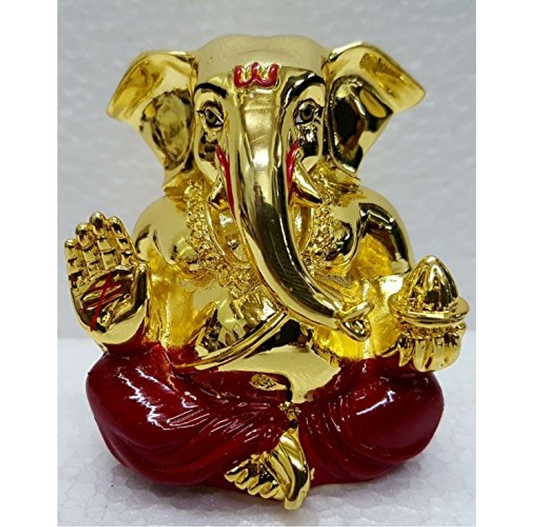 Gold Art India Ceramic Gold Red Appu 5X4X4 Cm Ganesh with Mango Terracotta (Silver Mango) Ganesh Idol for Car Dashboard Small Ganesha Murti Ganpati Idol for Home Decor Puja Gift for Office Desk