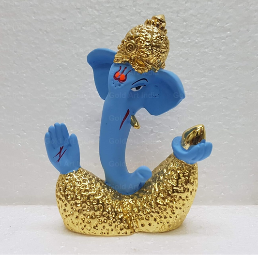 Gold Art India Gold and Silver Plated Abstract Ganesha 3 Inches Gold Blue Ganesh with Mango Terracotta (Silver Mango) Ganesh Idol for Car Dashboard Small Ganesha Murti Ganpati Idol