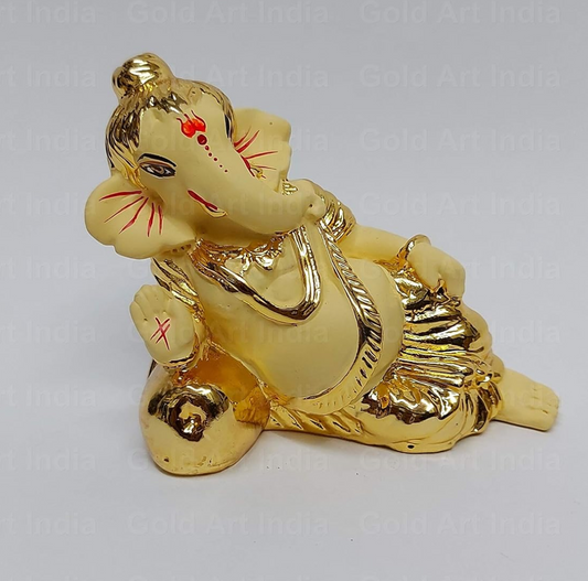 Gold Art India Gold Plated Off White Gaadi Ganesha 2.5 X 3 Inches Ganesh Idol for Car Dashboard Ganesha Murti Ganpati Idol for Home Decor Puja Lord Ganesh Statue Gift for Office Desk Puja Room